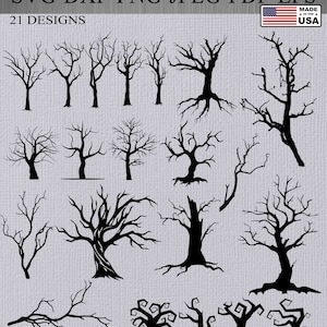 May include: A set of 21 black and white silhouette designs of bare trees. The trees are in various shapes and sizes, some with roots showing, some with branches reaching up, and some with branches reaching down. The designs are perfect for use in crafting, scrapbooking, or digital design.