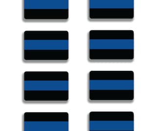 May include: A set of eight rectangular decals featuring a horizontal blue stripe centered between two black stripes. The top of the image displays the text DOWN2STICK and WE SUPPORT OUR LOCAL POLICE. The bottom includes the text ALL DECALS ARE DIE CUT MADE TO ORDER.