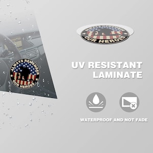 Op de afbeelding: Een ronde sticker met een Amerikaans vlagontwerp en de tekst "Always Remember Our Heroes". De sticker is UV-bestendig en waterdicht.