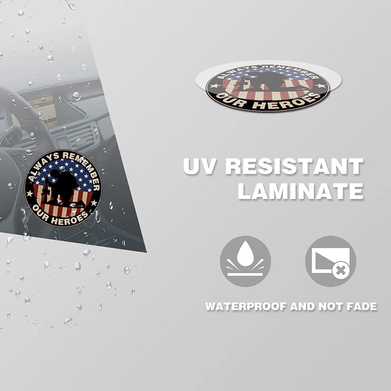 Op de afbeelding: Een ronde sticker met een Amerikaans vlagontwerp en de tekst "Always Remember Our Heroes". De sticker is UV-bestendig en waterdicht.