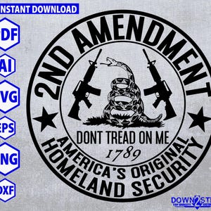 Puede incluir: Un diseño gráfico en blanco y negro con una serpiente con las palabras "Don't Tread On Me" y "2nd Amendment" en un círculo. También se incluyen los textos "America's Original Homeland Security" y "1789".