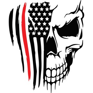 May include: Black and white skull graphic with a red, white, and blue American flag design. The flag is tattered and torn, giving the design a distressed look.