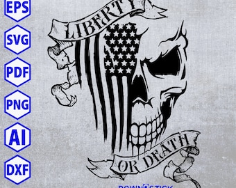 May include: Black and white graphic design of a skull with an American flag behind it. The skull is facing right and the flag is draped over the skull's head. The text "LIBERTY OR DEATH" is written on a banner above the skull.