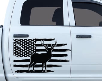American Flag Decal, distressed deer silhouette, vehicle decal
