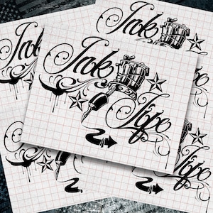 Op de afbeelding: Zwart-witte illustratie van een tatoeagemachine met druppelende inkt, een ster en de woorden "Ink Type" in een gestileerd lettertype.