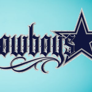 May include: The word "Cowboys" in a stylized, gothic font, with a silver outline and a distressed texture, is displayed on a light blue to teal gradient background. A navy blue star with a silver outline is to the right.