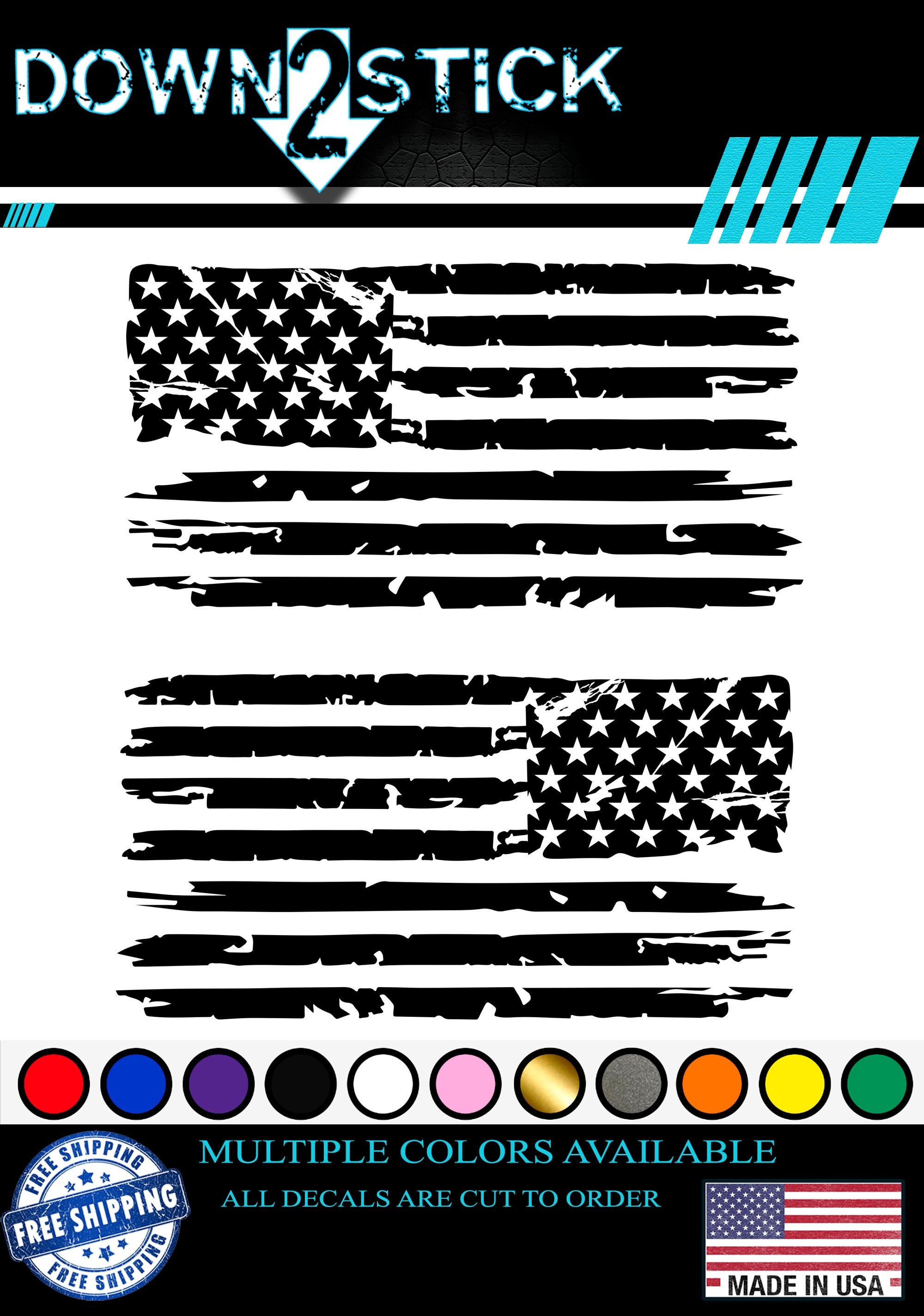 Set of 2 Distressed Tattered USA American Flag Vinyl Decal Sticker for Jeep Truck Car Window Boat, Tundra RTIC