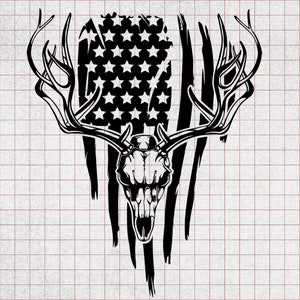 May include: Black and white silhouette of a deer skull with antlers, superimposed over a distressed American flag design.