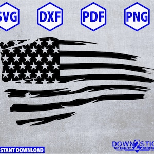 May include: A distressed black and white American flag design. The flag is waving in the wind and has a distressed, worn look. The design is perfect for use on t-shirts, mugs, and other merchandise.
