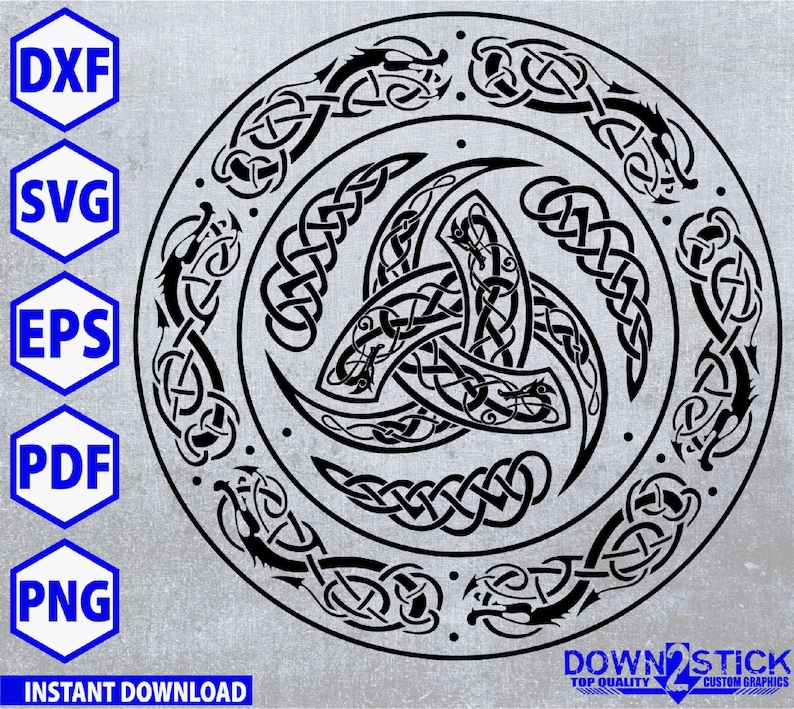 May include: Black and white Celtic knot design with three intertwined spirals and a circular border of dragons. The design is intricate and detailed, with a traditional Celtic style.