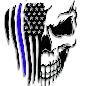 May include: Black and white skull decal with a blue line and an American flag design. The decal says "We Support Our Local Police".