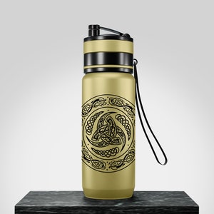 May include: A gold water bottle with a black strap and a black and gold lid. The bottle has a black and white Celtic knot design.