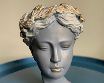 Handmade Concrete Goddess Head Planter: Blue Gray Roman Venus Statue, Pop Art Decor