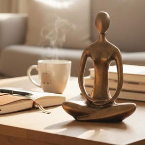 Concrete Yoga Sculpture: Meditating Woman Statue - Black and Gold Accent