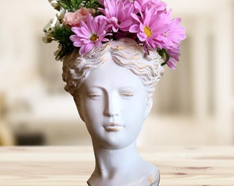 Cement Indoor and Outdoor Planter Pot - Greek Goddess Head Bust Planter - Grecian Woman Statue Head Planter for Flowers and Succulents