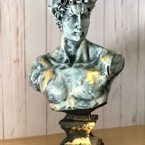 Large David Michelangelo Statue, 17 inches David Bust Statue, Gold Strip, Roman Sculpture Statues, Greek Bust Statue Decoration