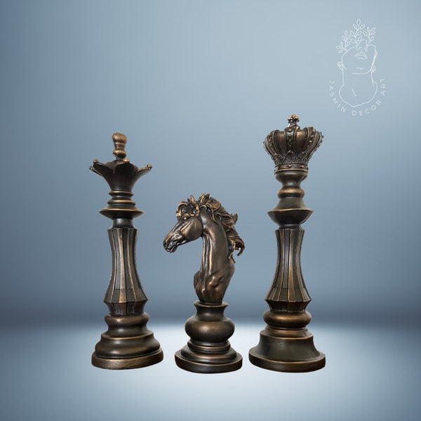 Jeu d'échecs de 3 - Ensemble de statues d'échecs élégantes, jeu d'échecs, décoration d'intérieur, statue Gambit, cadeaux de Noël, cadeaux pour lui