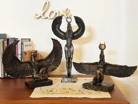Handmade Egyptian Goddess Isis Statue, Winged Altar Decor