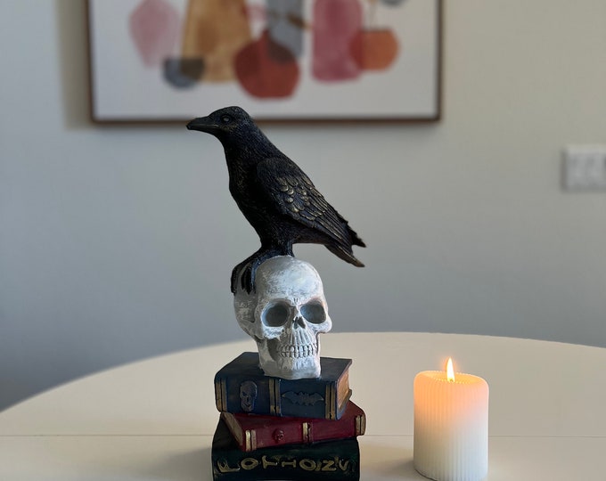 Eerie Raven on Skull and Books Sculpture - Halloween Gothic Decor - Edgar Allan Poe Inspired - Hand-Painted Marble Art - 14 Inches Tall