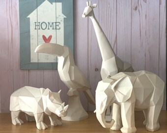 Modern Geometric Art Sculptures of Wildlife for Home Décor, Geometric Zoo Figurines Collection, Giraffe, Toucan, Elephant, Rhino Sculptures