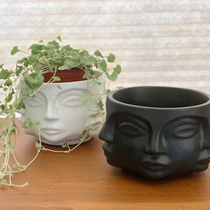 Peut inclure: Deux pots de fleurs en forme de visage, l'un blanc et l'autre noir, avec une plante verte dans le pot blanc. Les pots sont en forme de visage humain avec plusieurs yeux et bouches.