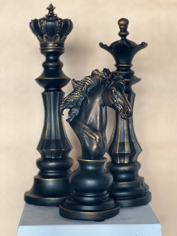 Premium Big Black And White Chess Piece Resin Statue Horse King Queen Home  Decor