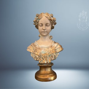 Vintage Juliet Bust Statue – Aged Baroque Sculpture – Distressed Beige & Gold Finish – Antique Style Renaissance Decor