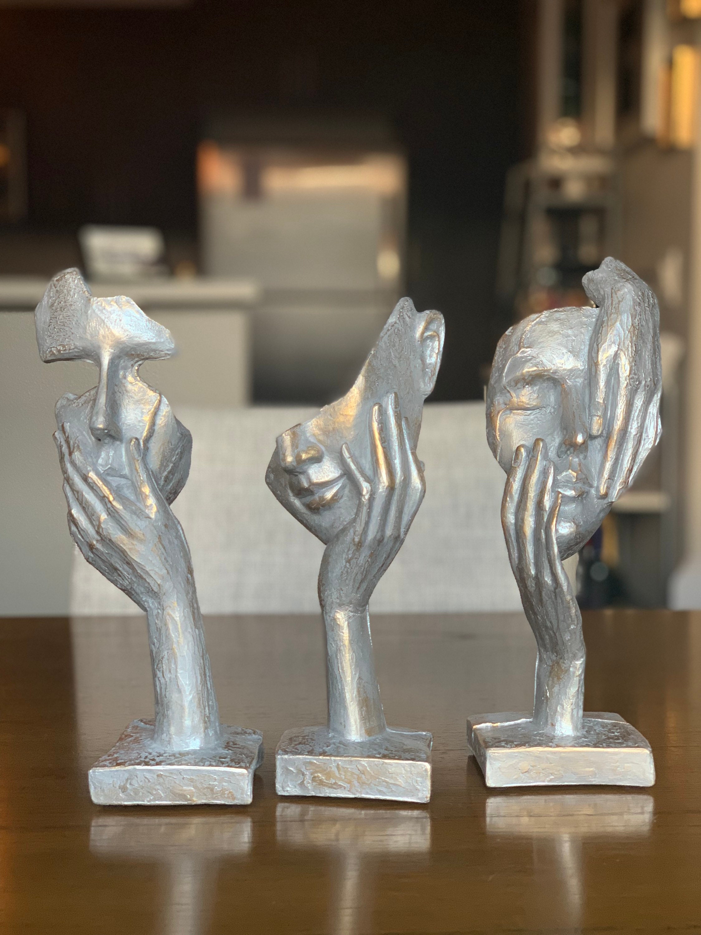 Escultura moderna abstracta creativa de The Thinker, estatuas y esculturas  de manos y cara para decoración del hogar (plata silenciosa)