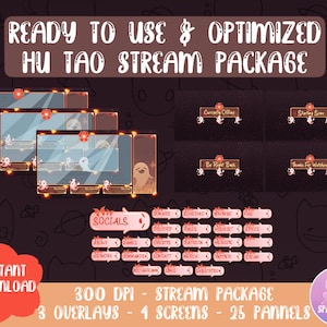 May include: A digital stream package with a brown and orange color scheme. The package includes overlays, screens, and panels with a ghost and flower theme. Text includes "Ready to Use & Optimized Hu Tao Stream Package" and "Instant Download".