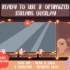 May include: A ready-to-use stream overlay with a dark background, glowing lights, and a pink flower. The overlay has three sections: a large center section, and two smaller sections on the sides. The text "New Follower", "New Subscriber", and "New Donor" is visible on the overlay.