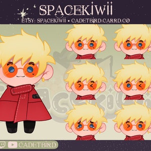 May include: A set of eight digital illustrations featuring a cartoon character with blonde hair, wearing red clothing and orange sunglasses. The character has different facial expressions, including smiling, winking, and sleeping.