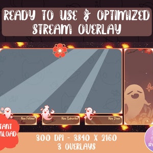 May include: A digital stream overlay with a brown and orange color scheme. The overlay includes sections for a webcam, chat, and alerts. The text "READY TO USE & OPTIMIZED STREAM OVERLAY" is at the top. The image also includes the text "INSTANT DOWNLOAD".
