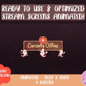 May include: Animated stream screens with a dark background and a pink flower design. The text "Currently Offline" is displayed in a gold frame. The screens are 1920 x 1080 pixels and there are 4 screens in total.