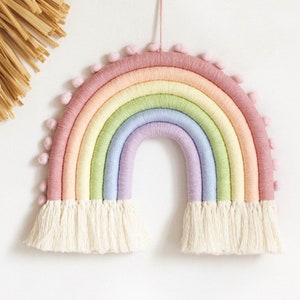 Pastel Macrame Rainbow Wall Hanging with pompoms, Fiber Rainbow, Nursery wall decor