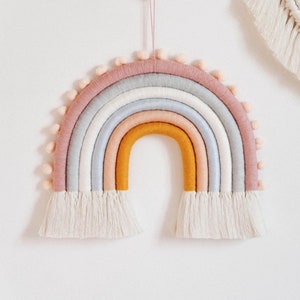 Scandi Pastel Macrame Rainbow Wall Hanging with pompoms, Fiber Rainbow, Rainbow Nursery Decor, Rainbow Baby Gift
