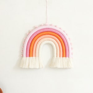 Sweet Baby Girl Macrame Rainbow Wall Hanging with pompoms, Fiber Rainbow, Nursery wall decor