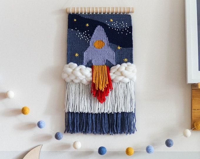 Spaceship Rocket Woven Wall Hanging, Rocket Decoration for Kids Space Themed Bedroom, Woven Wall Tapestry, Outer Space Fiber Art