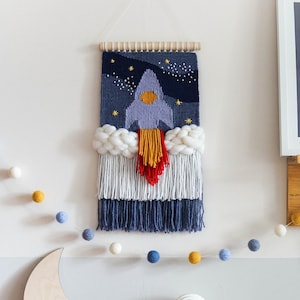 Spaceship Rocket Woven Wall Hanging, Rocket Decoration for Kids Space Themed Bedroom, Woven Wall Tapestry, Outer Space Fiber Art