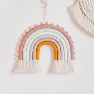 Scandi Pastel Macrame Rainbow Wall Hanging with pompoms, Fiber Rainbow, Rainbow Nursery Decor, Rainbow Baby Gift