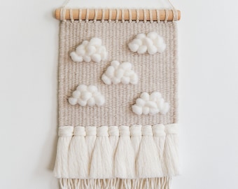 Cloud Wall Hanging – Woven Cloud Tapestry for Nursery, Handwoven Wall Hanging for Baby Room, Soft Neutral Fiber Art,