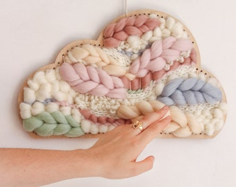 Rainbow Woven Cloud Wall Hanging, Warm Pastel Colors Decor for Nursery, Handmade Wool Tapestry, Fiber Art