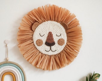 Lion Face Raffia Wall Hanging, Safari Jungle Theme Nursery, Crochet Lion Head Boho Nursery Decor