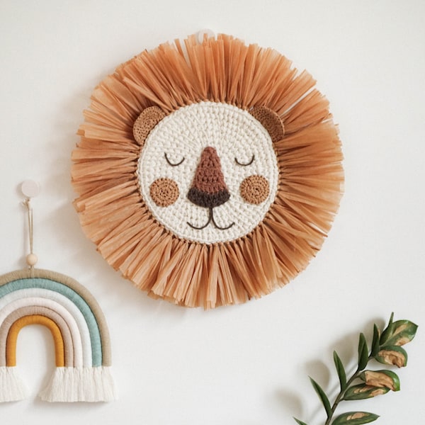 Lion Face Raffia Wall Hanging, Safari Jungle Theme Nursery, Crochet Lion Head Boho Nursery Decor