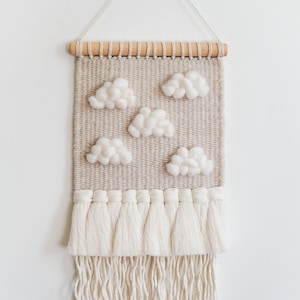 Cloud Wall Hanging – Woven Cloud Tapestry for Nursery, Handwoven Wall Hanging for Baby Room, Soft Neutral Fiber Art,