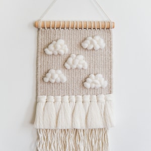 Clouds Woven Wall Hanging, Cloud Decor for Nursery, Weaving Wall Tapestry, Fiber Art image 1