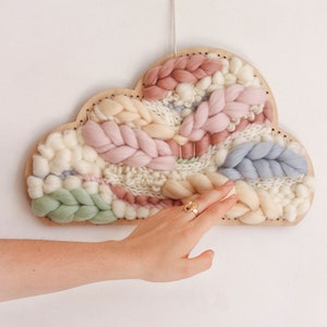 Rainbow Woven Cloud Wall Hanging, Warm Pastel Colors Decor for Nursery, Handmade Wool Tapestry, Fiber Art