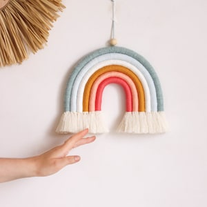 Coral and Light Teal Fiber Rainbow Wall Hanging, Macrame Rainbow, Nursery wall decor, Rainbow Baby Gift