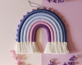 Lavender Macrame Rainbow Wall Hanging with Pompoms, Fiber Nursery Decor