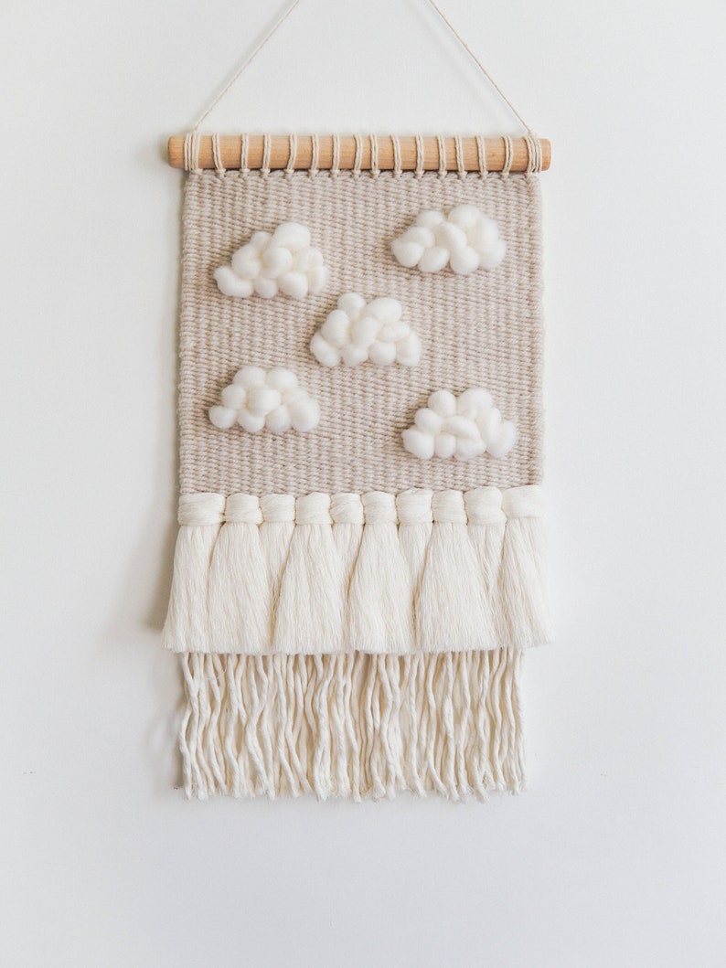 Clouds Woven Wall Hanging, Cloud Decor for Nursery, Weaving Wall Tapestry, Fiber Art image 1