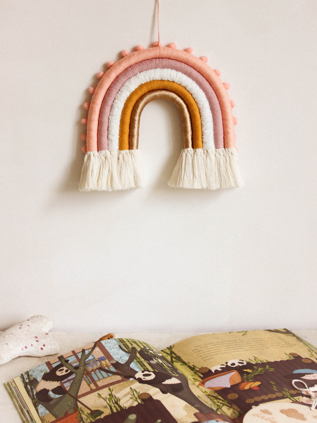 Rose Gold Rainbow Wall Hanging, Fiber Rainbow, Macrame Rainbow Wall